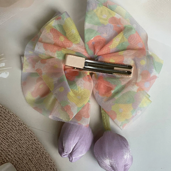 Tulip Korean-Inspired Hair Accessory – Elegant Multicolor Bow with Hanging Tulip Aesthetic Hair Clip - Image 3