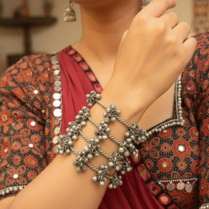 Oxidised Silver Replica Ghungharoo with Stone Bangles (Set of 4)